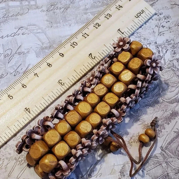 90s Y2K Vintage Brown Wood Mauve Purple Acrylic Flower Beads Adjustable Bracelet - Picture 9 of 10